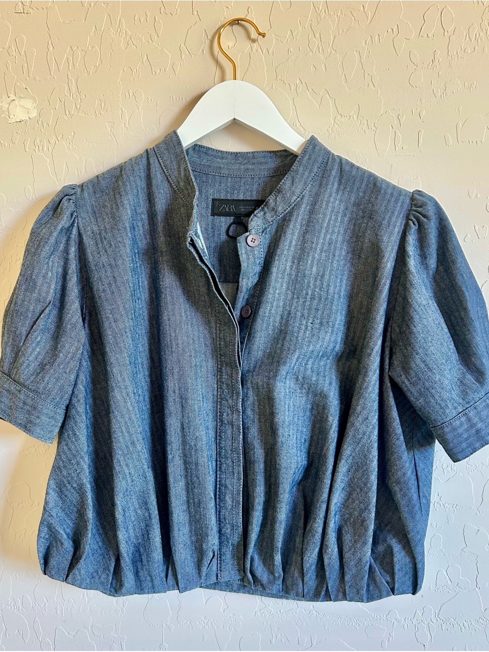 Zara Short Puff Sleeved Denim Button Down Shirt M